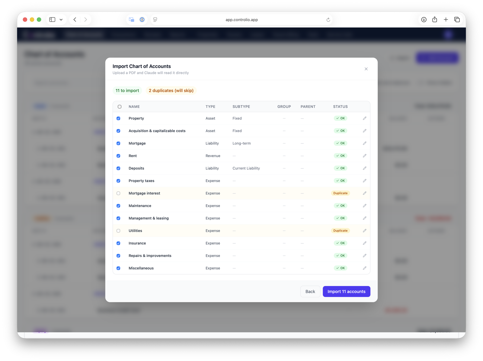 Reviewing an AI-imported chart of accounts before confirming