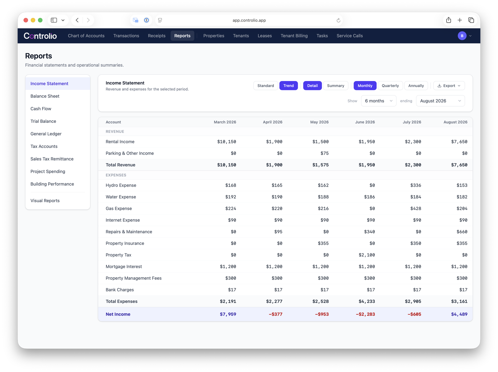 Income statement report by month