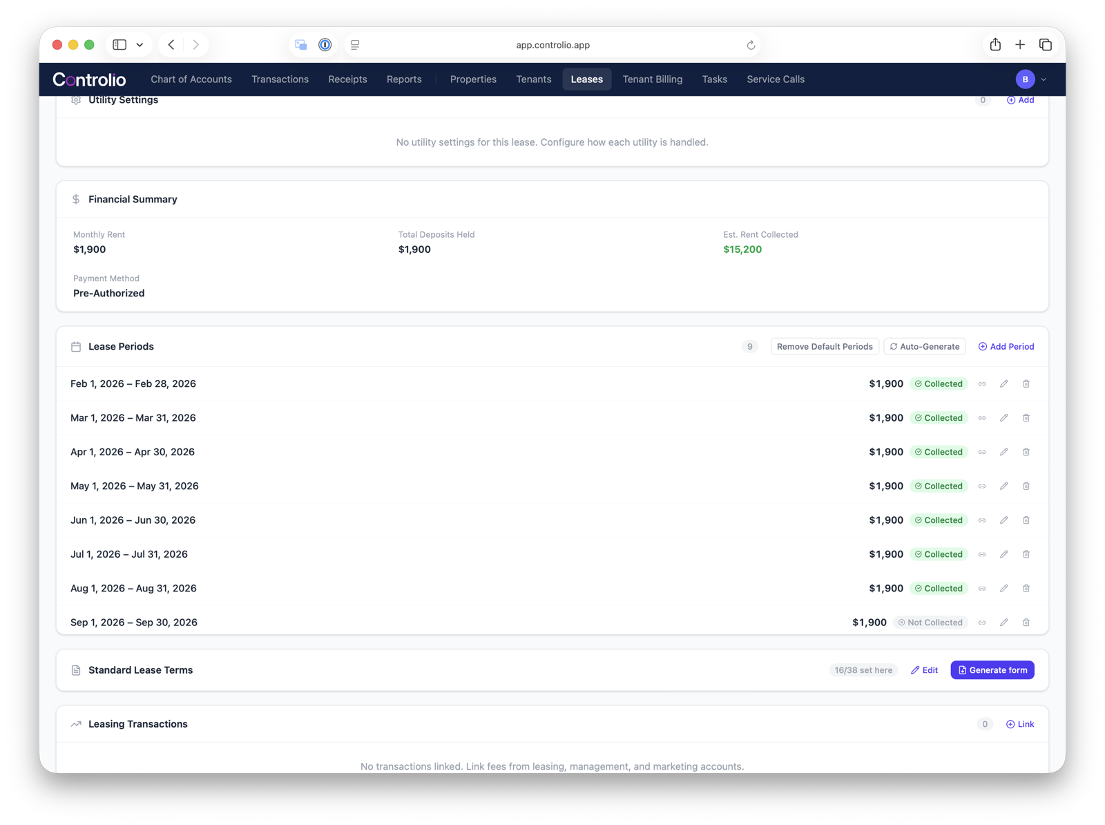 Lease periods with rent collected status for each month