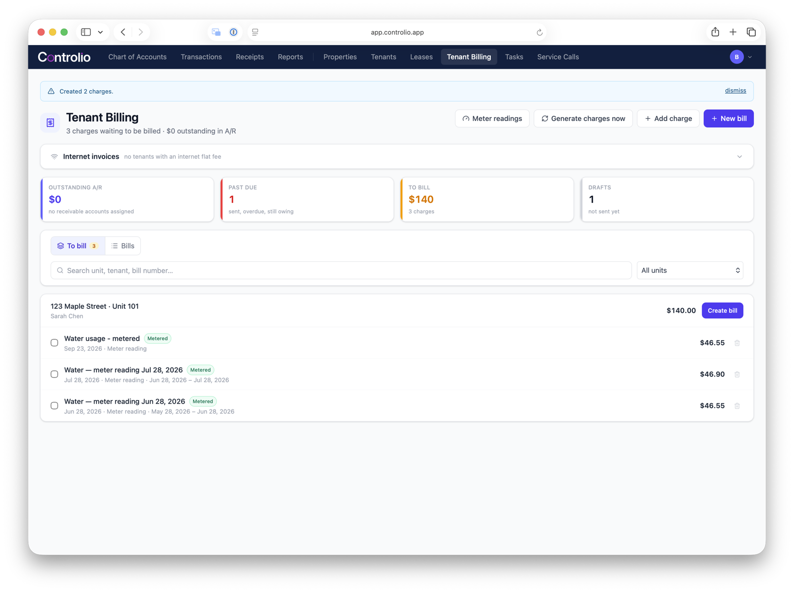 Tenant billing dashboard with charges to bill and past due amounts