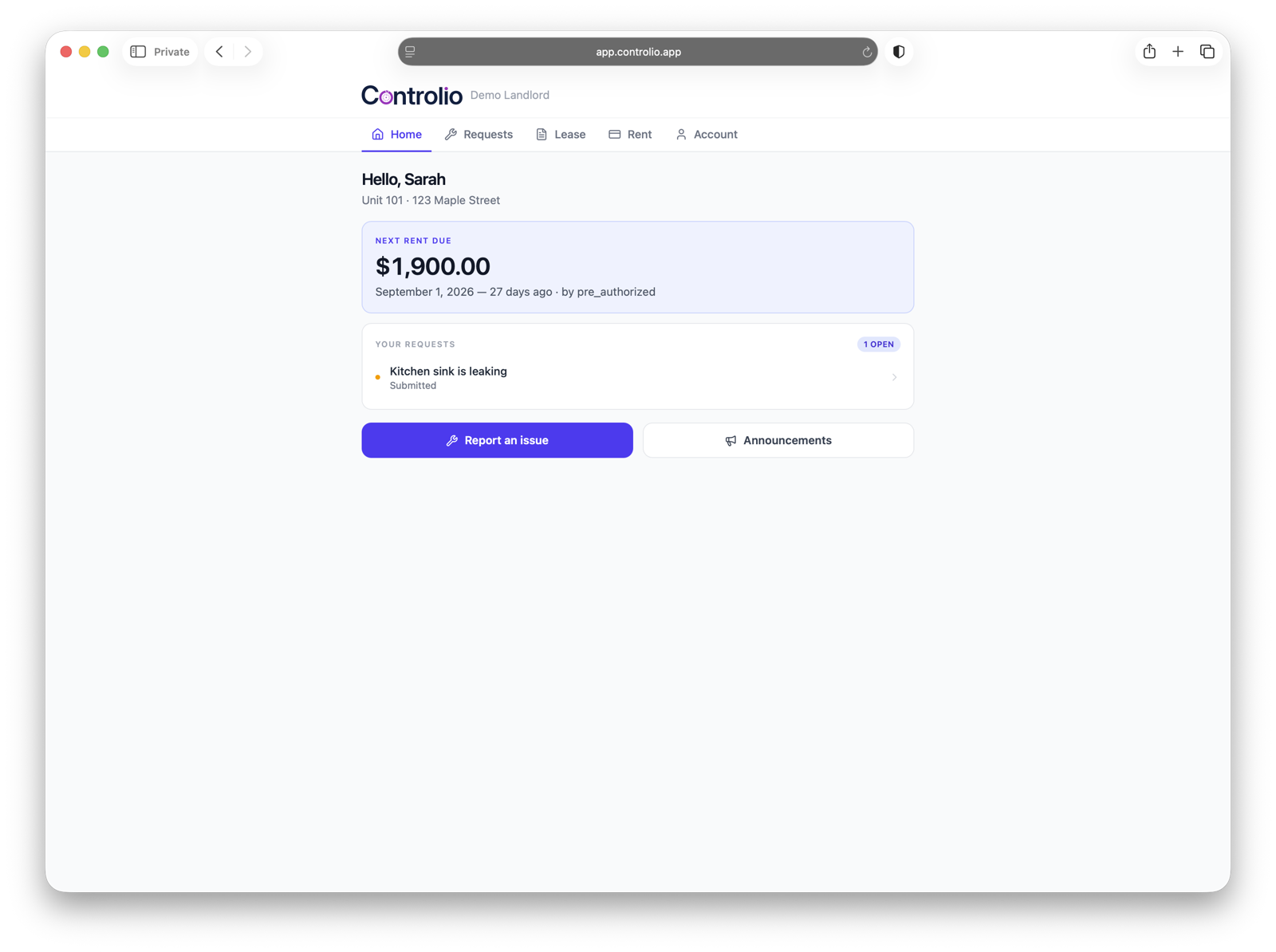 Tenant portal home with next rent due and open requests