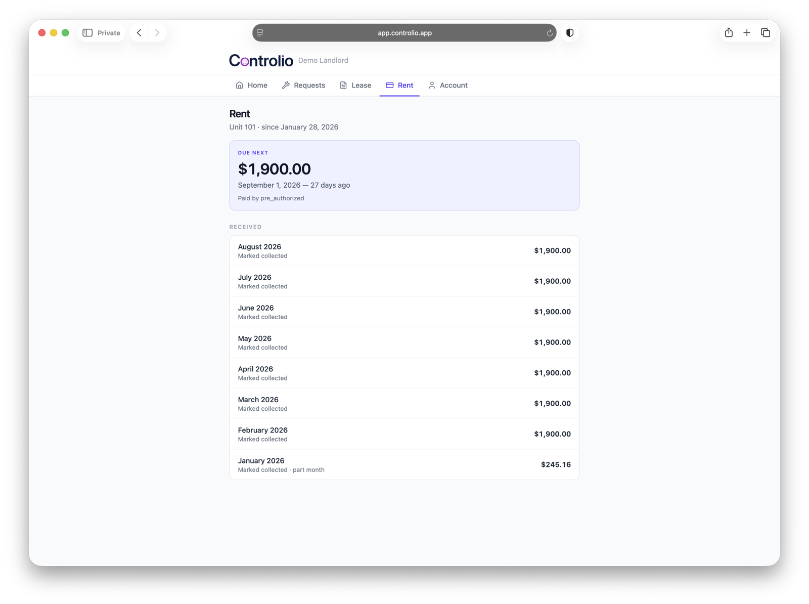 A tenant's rent page with payment history