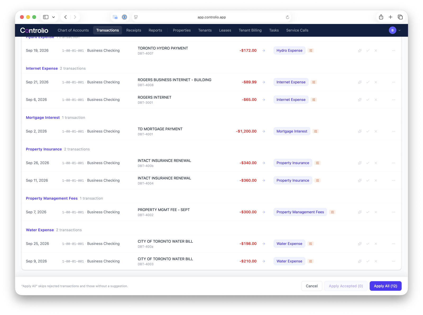 Transactions list with auto-categorization suggestions