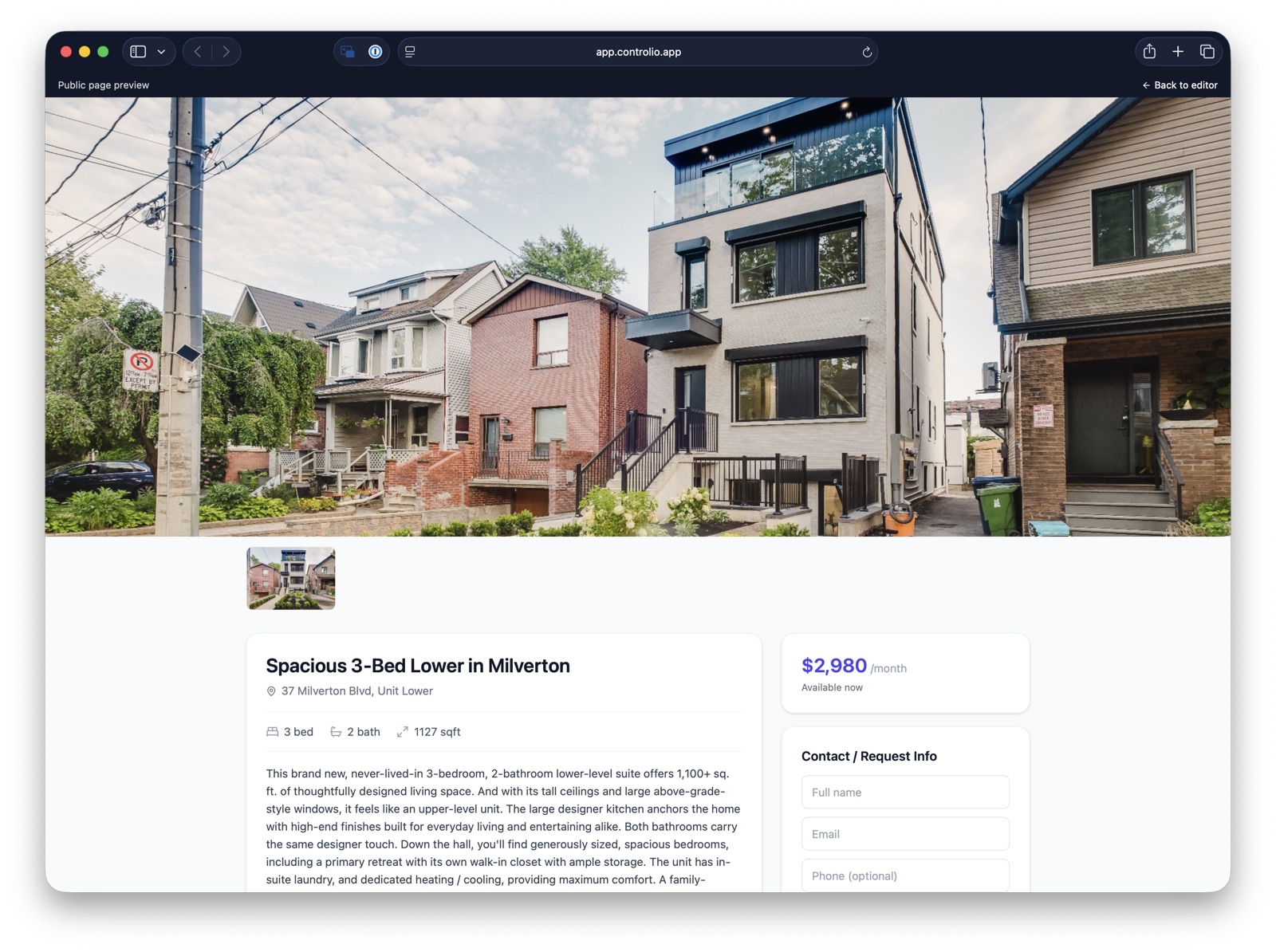 The public listing page for a unit, with photos and a contact form