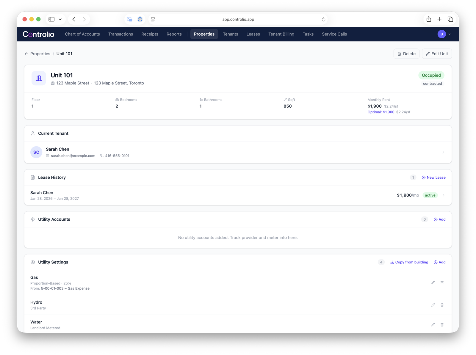 A unit profile with tenant, lease history and utility settings