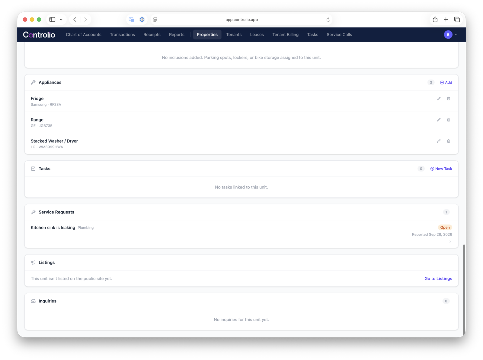 A unit profile showing appliances, tasks and service requests